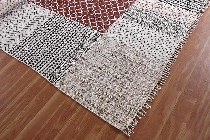 Area Rug 4x7 Kilim Rug Brown & Beige Cotton Dhurrie Geometric Design 0.19 inches Stone Easy Washable Rug Hand Wash Cotton Carpet Flatweave Rug Indoor Outdoor Rugs for Kitchen, Bedside, Enterway