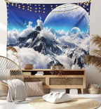 Ambesonne Fantasy Tapestry King Size, Celestial View of Snow Capped Mountains and Alien Planet Print, Wall Hanging Bedspread Bed Cover Wall Decor, 104" X 88", White and Navy Blue