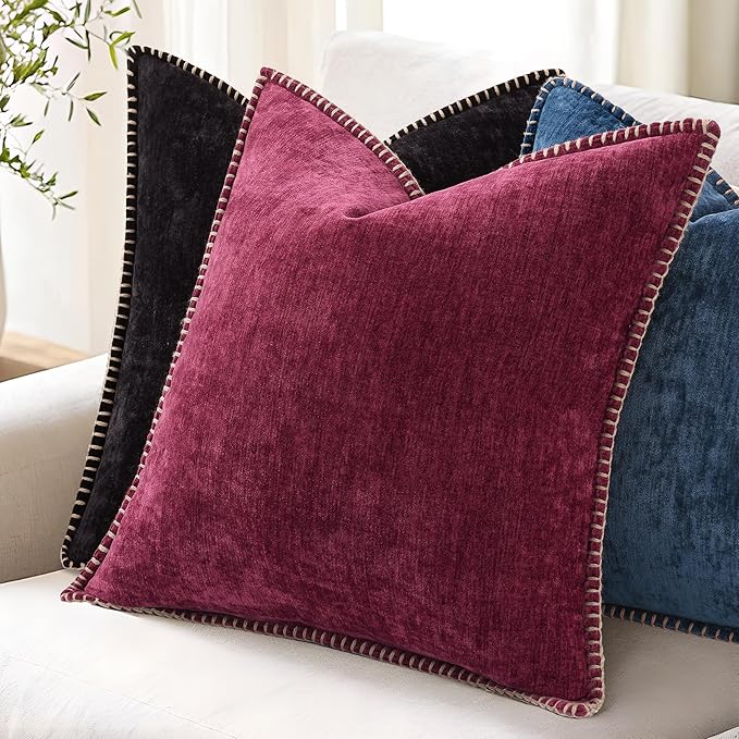 decorUhome Spring Chenille Soft Cozy Throw Pillow Covers 20x20 Set of 2, Modern Farmhouse Boho Velvet Decorative Pillow Cases with Stitched Edge for Couch Sofa Bed Home Decor, Rhododendron