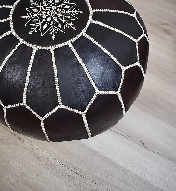 Premium Moroccan Leather Pouf - Handmade - Delivered Stuffed - Ottoman, Footstool, Floor Cushion (Dark Brown)