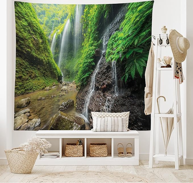 Ambesonne Waterfall Tapestry, Waterfalls Side Valley in Indonesia with Southeast Bushes Above Hills, Fabric Wall Hanging Decor for Bedroom Living Room Dorm, 28" X 23", Brown Green