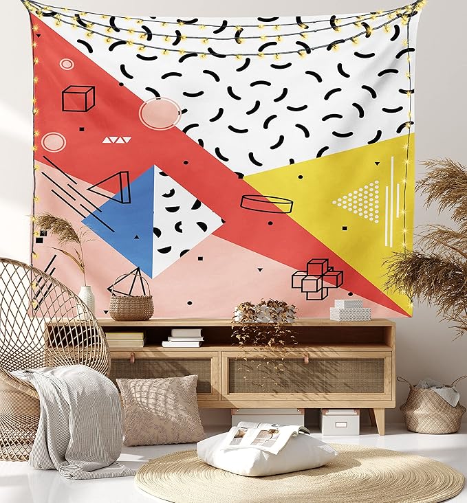 Ambesonne Abstract Tapestry, Modern Geometric Trippy Triangles Cubes Circles Rollers Dots Print, Wide Wall Hanging for Bedroom Living Room Dorm, 80" X 60", Coral Pink