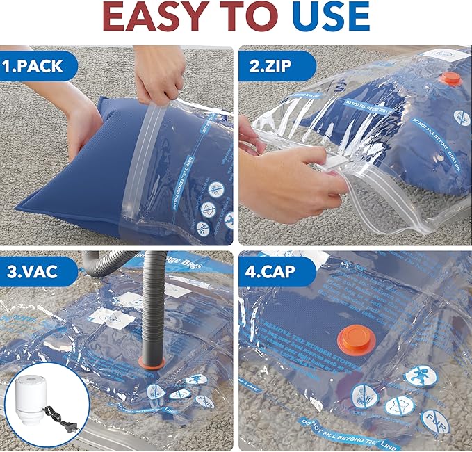 Travel Vacuum Bags With Pump,Vacuum Storage Bags with Electric Pump 8 Combo (2 J/2 L/2 M/2 Small), Plastic Packaging Bags,Travel Vacuum Bag For Luggage,Clothes, Pillows, Comforters, Blankets, Bedding