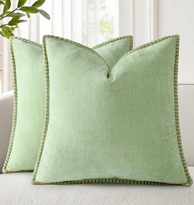 decorUhome Spring Chenille Soft Cozy Throw Pillow Covers 16x16 Set of 2, Modern Farmhouse Boho Velvet Decorative Pillow Cases with Stitched Edge for Couch Sofa Bed Home Decor, Sage Green