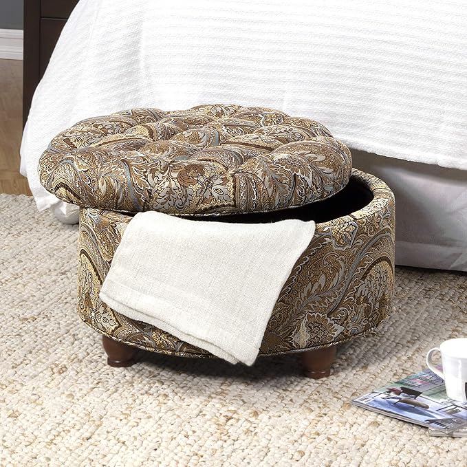 Homepop Home Decor |N8264-F1044 | Large Button Tufted Woven Round Storage Ottoman | Ottoman with Storage for Living Room & Bedroom, Traditional Paisley