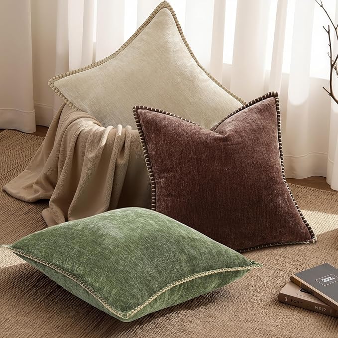 decorUhome Spring Chenille Soft Cozy Throw Pillow Covers 22x22 Set of 2, Modern Farmhouse Boho Velvet Decorative Euro Sham Pillow Cases with Stitched Edge for Couch Sofa Bed Home Decor, Chocolate