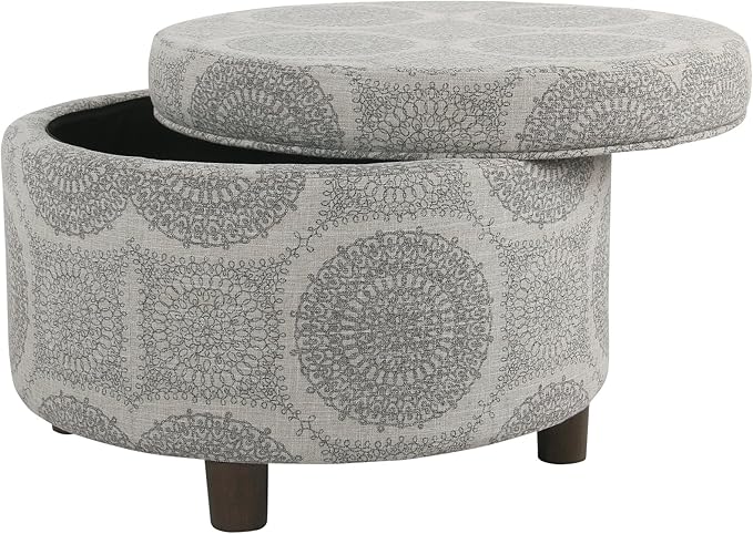 Homepop Home Decor | Upholstered Round Storage Ottoman | Ottoman with Storage for Living Room & Bedroom (Grey Medallion) 24.0 In. X 24.0 In. X 17.0 In.