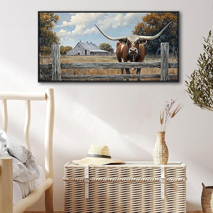 XLSJERST Rustic Wall Art Poster 40x20 Inches - Longhorn Picture Farm Artwork Canvas Picture Brown Cow Wall Decor for Living Room Guest Bath Decoration