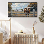 XLSJERST Rustic Wall Art Poster 40x20 Inches - Longhorn Picture Farm Artwork Canvas Picture Brown Cow Wall Decor for Living Room Guest Bath Decoration