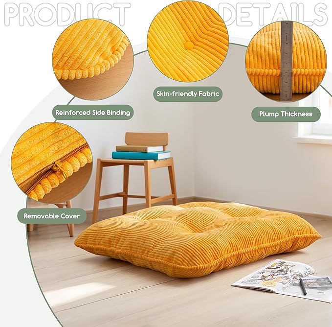 35" Washable Floor Pillow Cushion for Adults, Meditation Cushion Pillow, Extra Large Square Floor Sitting, Removable Tufted Corduroy Cover, for Tatami Living Room or Yoga, Orange, Machine Washable