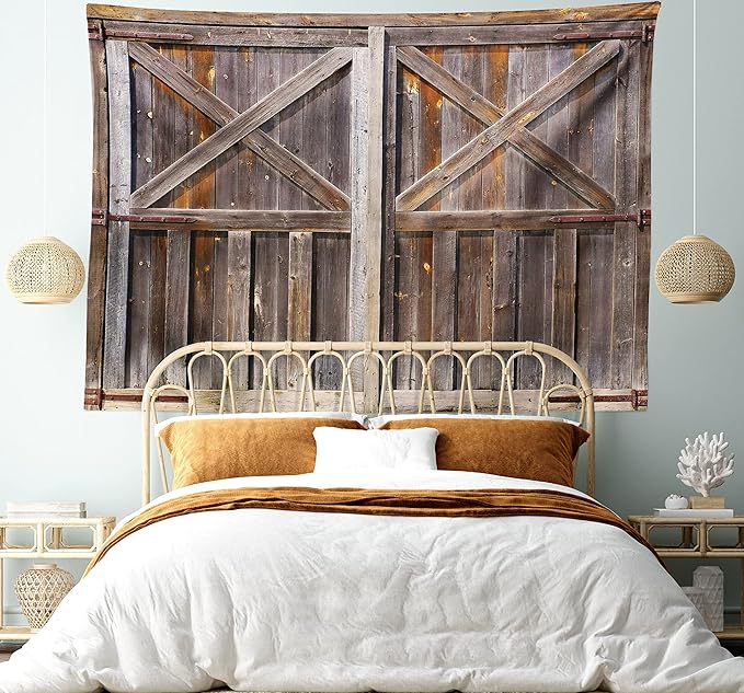 Ambesonne Rustic Tapestry, Old Wooden Barn Door of Farmhouse Oak Countryside Village Board Rural Life Photo Print, Fabric Wall Hanging Decor for Bedroom Living Room Dorm, 45" X 30", Brown
