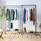 Amazon Basics Adjustable, Double Hanging Rod Garment Rolling Closet Organizer Rack with Wheels, Heavy Duty, Black, 36'' x 14'' x 72'', WI-GAR1436B