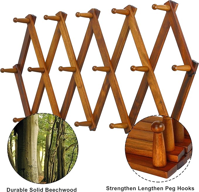 Dseap Accordian Wall Hanger: 16” High Wooden Wall Expandable Coat Rack, Hat Rack Holder, Accordion Hook for Baseball Caps, Coats, Mugs, 16 Peg Hooks, Brown