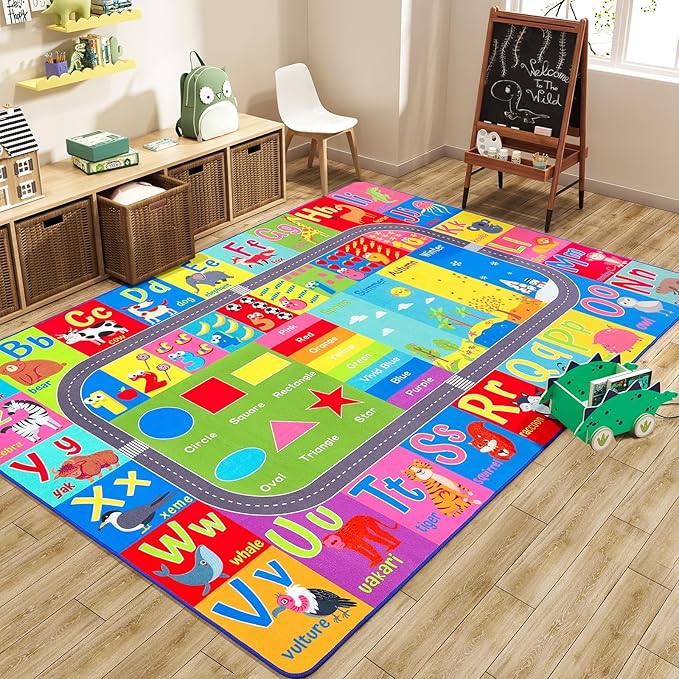 HOMORE Kids Rug, 9x12 Large Educational Rugs for Classroom Kids Collection ABC Rug for Learning Alphabet, Numbers, Colors, Season and Animal Words, Play Rugs for Playroom