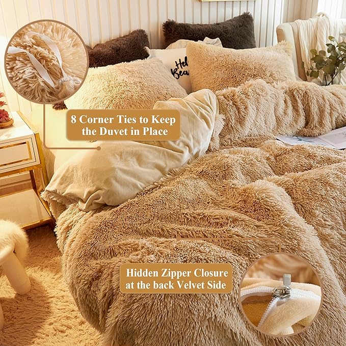 XeGe Plush Shaggy Duvet Cover Set, Luxury Ultra Soft Crystal Velvet Fluffy Bedding Sets 2 Pieces(1 Faux Fur Furry Comforter Cover + 1 Fuzzy Faux Fur Pillowcase), Zipper Closure(Twin, Camel)