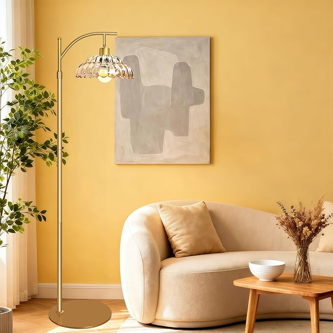 Floor Lamp with Amber Glass Shade, Dimmable Standing Lamp with Remote, Gold Floor Lamp for Living Room,Bedroom, Mid Century Tall Lamp with 12W LED Bulb