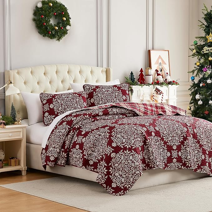 Southshore Fine Living King Size Christmas Quilt with 2 Pillow Shams - Reversible Red Plaid Christmas Bedding Holiday Decor King Coverlet - Red Plaid