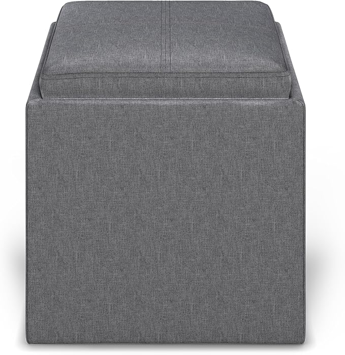 SIMPLIHOME Rockwood Cube Storage Ottoman with Tray - 17 inch Wide Upholstered Linen Look Fabric Square Storage Ottoman in Slate Grey, Contemporary Cube Ottoman for Living Room with Serving Tray