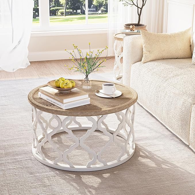 karlott Farmhouse Coffee Table, French Country Round Coffee Table with Distressed Tray Top, Coastal Coffee Tables with Curved Motif Frame Base, Boho Center Table for Living Room, Dining Room, Bedroom