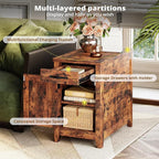 IRONCK End Table with Charging Station, Narrow Side Table for Living Room, Farmhouse Night Stand for Bedroom, Bedside Table with Storage and Drawer for Home, Vintage Brown