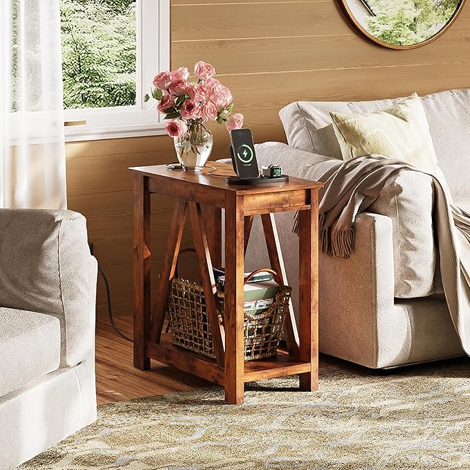 WLIVE Farmhouse End Table, Narrow Side Table with Charging Station, Slim End Table, Side Table for Bedroom, Living Room, Small Spaces, 2 USB and 2 Power Outlets, Rustic Brown