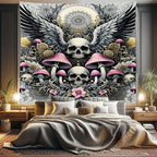 Ambesonne Gothic Tapestry King Size, Blushy Mushrooms and Wingy Skull with Lace and Cactus Flowers Art Boho, Wall Hanging Bedspread Bed Cover Wall Decor, 104" X 88", Pink Grey Yellow Mustard