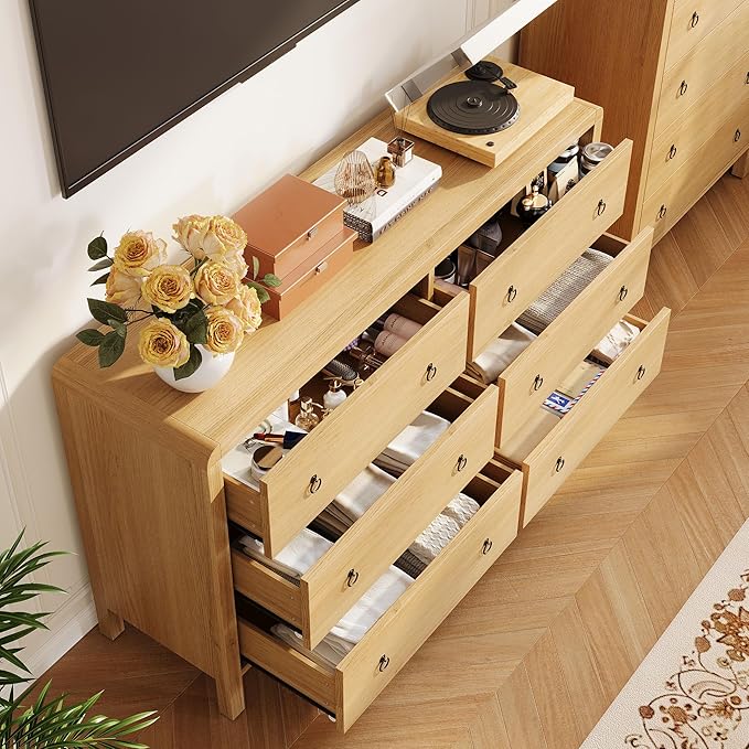 IDEALHOUSE 6 Drawer Dresser, Storage Organizer with Sturdy Metal Handle, TV Stand for 55 inch TV, Chest of Drawers for Living Room, Hallway, Closet