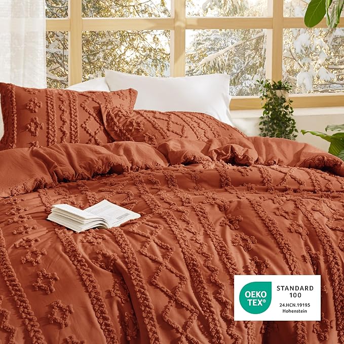 Bedsure Tufted Boho Comforter Set California King - Terracotta Boho Bed Set, GentleSoft™ 3 Pieces Farmhouse Shabby Chic Embroidery Bedding, Gifts for Woman, Soft Jacquard Comforter for All Seasons