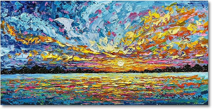 Art 30x60 Inch Hand-Painted Sea Sunrise Landscape Modern Abstract Oil Painting Large Canvas Art Hall Bedroom Office Wall Decoration