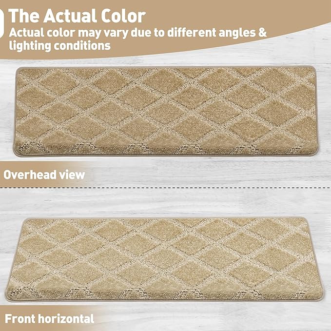 PURE ERA Bullnose Carpet Stair Treads Set Tape Free Non-Slip Indoor Stair Protectors Pet Friendly Rugs 9.5" x 30"(7 Pieces,Khaki Diamond Trellis)