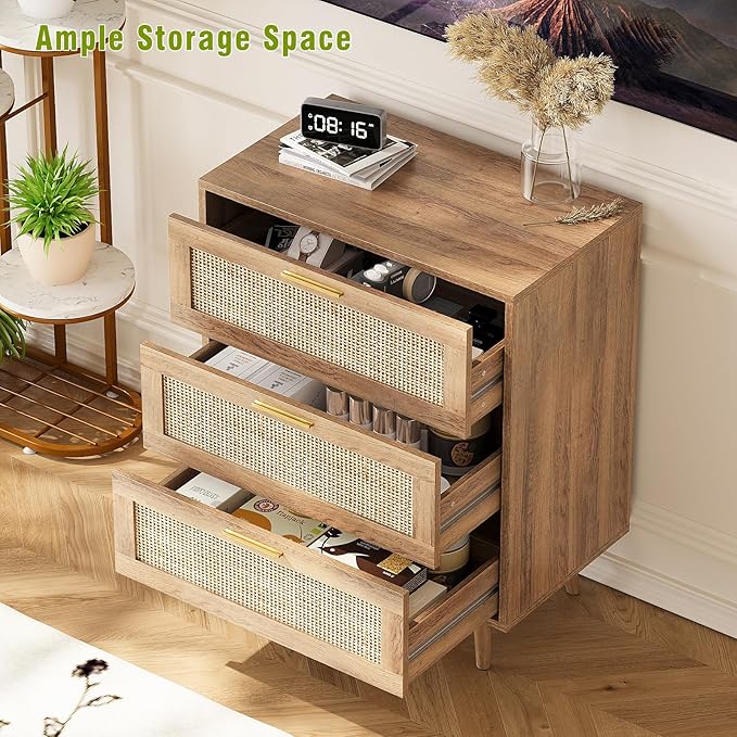 3 Drawer Dresser for Bedroom Rattan Dresser Chest of Drawers with Spacious Storage Boho Clothes Storage Nightstand for Living Room