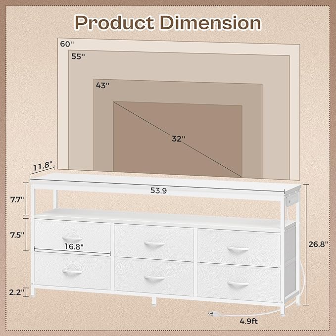 Huuger LED TV Stand for Bedroom, 55 Inch Fabric Dresser with Power Outlets, Entertainment Center for 60, 55, 50 Inch TV, 6 Drawer Dresser for Bedroom, Chest of Drawers with Shlef, PU Leather, White