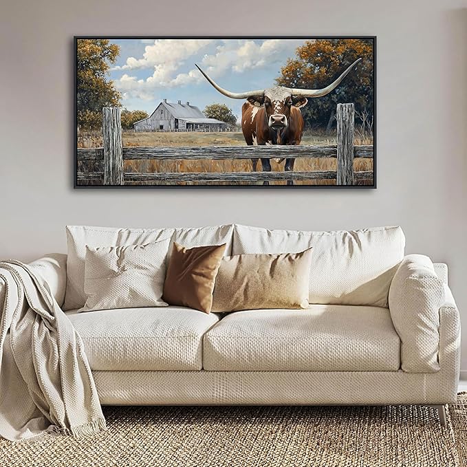 XLSJERST Rustic Wall Art Poster 40x20 Inches - Longhorn Picture Farm Artwork Canvas Picture Brown Cow Wall Decor for Living Room Guest Bath Decoration