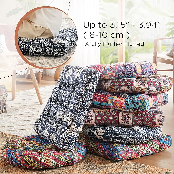 Codi Meditation Floor Pillow Set of 2, Large Pillows Seating for Adults and Kids, Bohemian Cushion for Fireplace Yoga Living Room Sitting, Memory Foam Added, 22x22 Inch Indigo Elephant