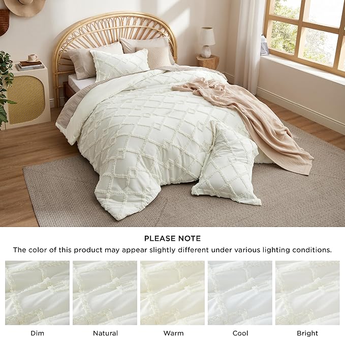 Bedsure Boho Comforter Set Queen - Ivory Tufted Queen Size Comforter, 3 Pieces Farmhouse Shabby Chic Embroidery Bed Set, Soft Fluffy Geometric Pattern Bedding for All Seasons