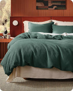 Bedsure Cotton Duvet Cover Queen - 100% Cotton Waffle Weave Forest Green Duvet Cover Queen Size, GentleSoft™ and Breathable Bedding Set for All Season, 3 Pieces, 90"x90"