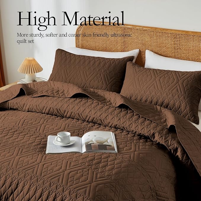 akkialla Twin Size Quilt Bedding Set,Brown Lightweight Microfiber Soft Bedspreads,Modern Style Geoetric Pattern Coverlet Set for All Seasons,2 Piece(1 Quilt,1Pillow Sham)