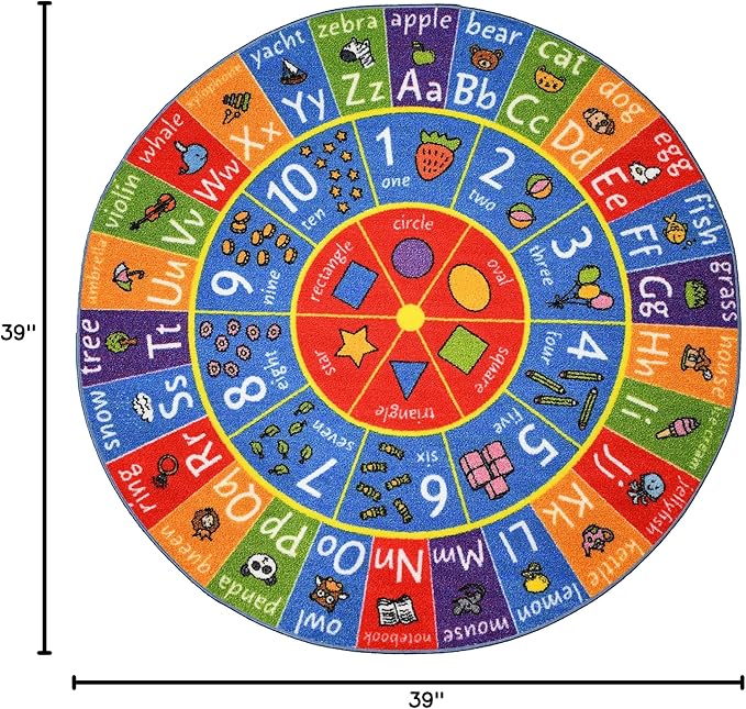 KC Cubs 3x3 ABC Alphabet, Numbers & Shapes Rug – Educational Non-Slip Play Mat Carpet for Kids, Toddlers, Nursery, Classroom, Playroom, Baby Daycare (Round)