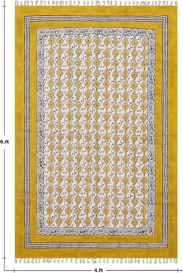 Area Rugs for 4x6 Bedroom Kilim Rug Floral Design Hand Block Printed Cotton Dhurrie Yellow Beige Handmade Boho Flatweave Thick 0.27" Indoor Outdoor Rugs for Living Room Hall Room Idea