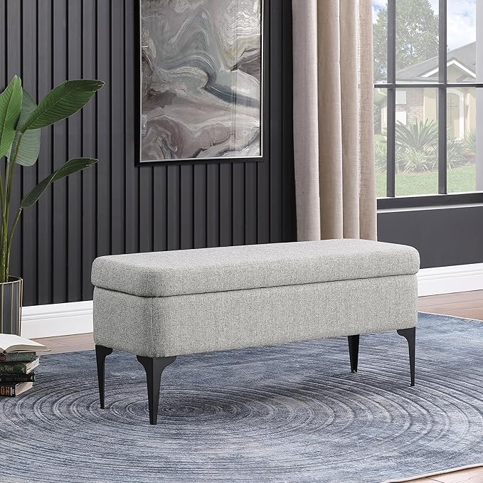 HomePop Upholstered Storage Bench with Metal Leg, 42" W, Cool Gray Woven