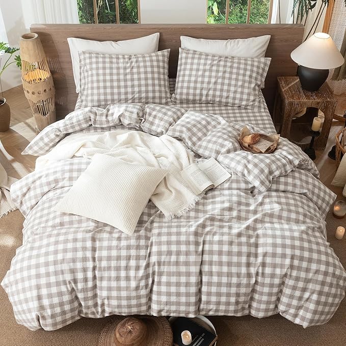 MooMee Gingham Duvet Cover Set 100% Washed Cotton Linen Like Textured Breathable Durable Soft Comfy Modern Checkered Design (Buffalo Plaid Tannish Linen Grey, Oversized Full 82"x86")