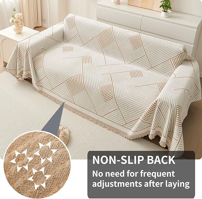 HAOMAIJIA Non Slip Couch Cover Sofa Covers for 3 Cushion Couch Washable sectional Couch Covers for Dogs pet Furniture Protector Couch Cover Blanket for Living Room (CQ-Khaki/Grey, 71"x118")
