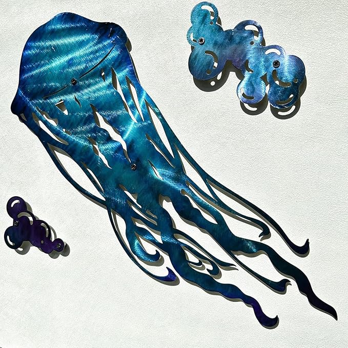 LiveInUrban Coastal Wall Art Jellyfish Metal Wall Sculptures, Ocean Beach Themed Metal Hanging Home Decoration 3PCS 15.5"x11.8"