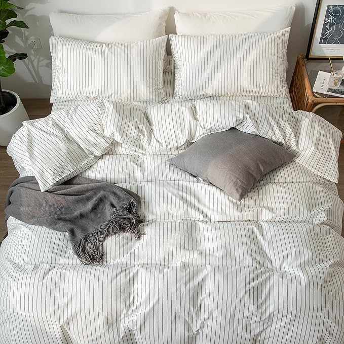 MooMee Striped Duvet Cover Set 100% Washed Cotton Linen Like Textured Breathable Durable Soft Comfy (White Dark Grey Wide Stripes, Oversized Full 82"x86")