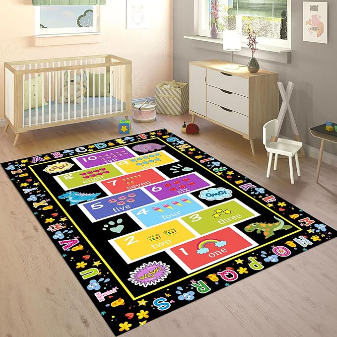 Educational Play Rug 4x5ft - ABC & 123 Learning Mat for Toddlers with Animal Designs - Non-Slip Washable Rug for Playroom, Preschool, Daycare Classroom