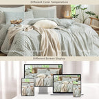 MooMee Striped Duvet Cover Set 100% Washed Cotton Linen Like Textured Breathable Durable Soft Comfy (Heathered Green Classic Stripes, Super King Plus 120"x120")