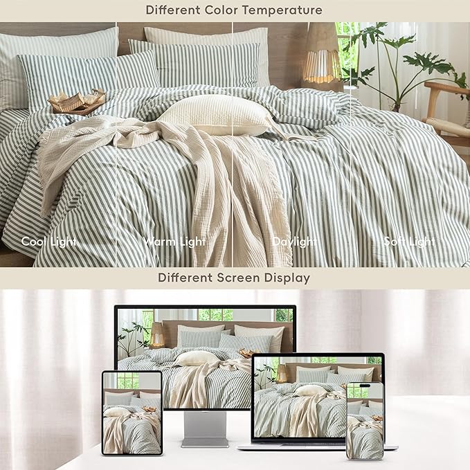 MooMee Striped Duvet Cover Set 100% Washed Cotton Linen Like Textured Breathable Durable Soft Comfy (Heathered Green Classic Stripes, Super King 108"x98")