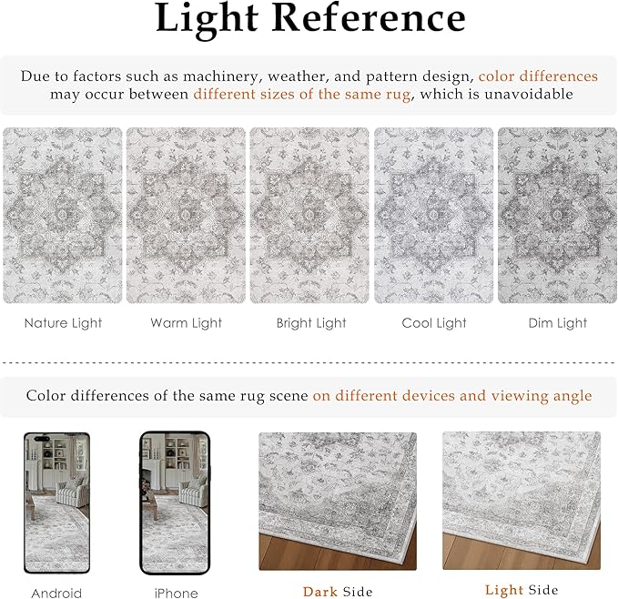 Grey Gray Area Rug 4x6 Washable Vintage Carpet for Office Living Room Soft Retro Low Pile Thin Indoor Rug Non Slip Oriental Medallion Floor Cover for Bedroom Kitchen Dining Room