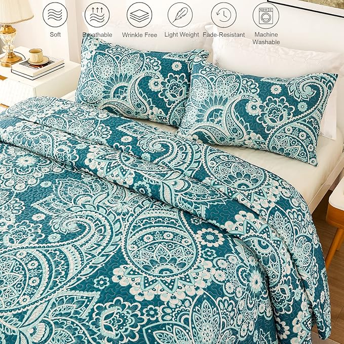 Whale Flotilla Reversible Printed Quilt King Size, Extra Soft Boho Paisley Floral Bedspreads for Bed Lightweight King Quilt Bedding Set Coverlets with 2 Pillow Shams for All Seasons, Turquoise