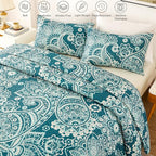 Whale Flotilla Reversible Printed Quilt King Size, Extra Soft Boho Paisley Floral Bedspreads for Bed Lightweight King Quilt Bedding Set Coverlets with 2 Pillow Shams for All Seasons, Turquoise